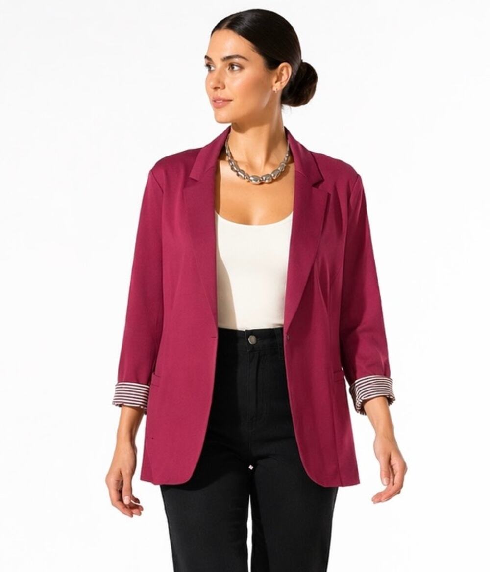 Gibson Burgundy Knit Blazer L Stretch 3/4 Sleeve One Button Soft Work Jacket
